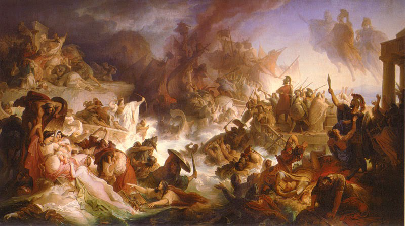 A classical painting of the Battle of Salamis, ships and figures locked in a sea battle at dawn.