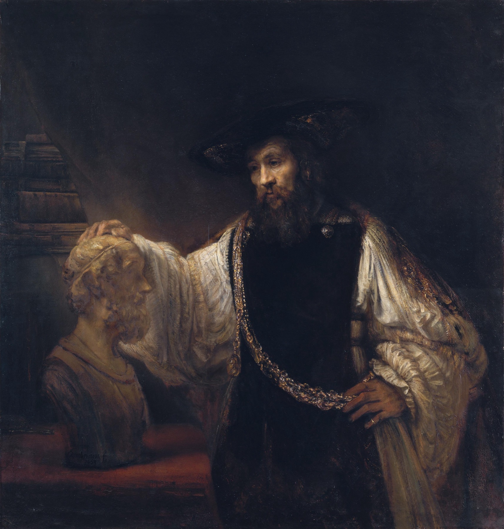 A Rembrandt portrait, a robed figure resting a hand on a marble bust.